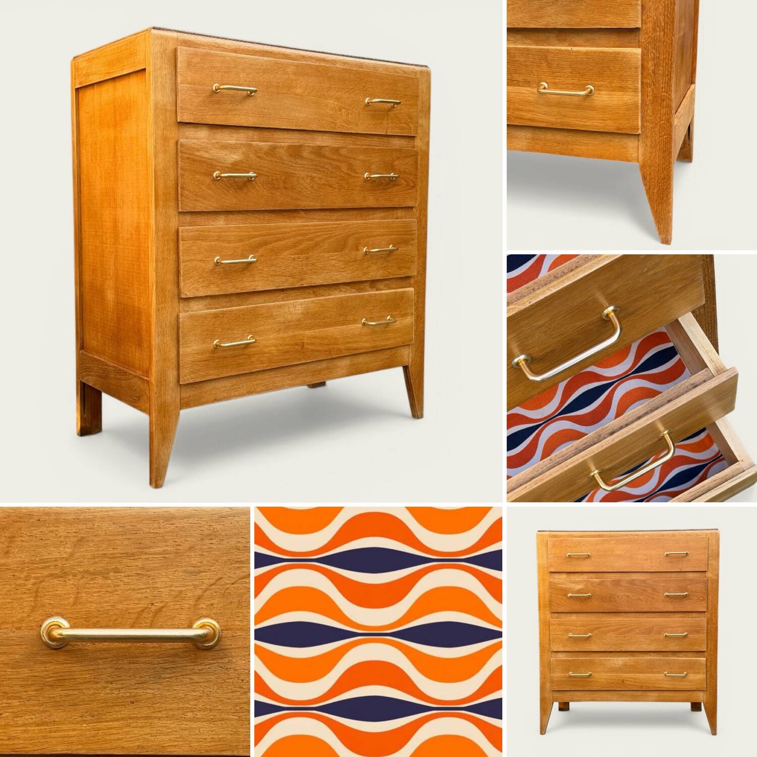 Vintage chest of drawers with tapered legs, solid raw oak, 1960.