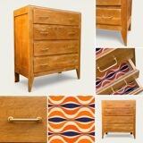 Vintage chest of drawers with tapered legs, solid raw oak, 1960.