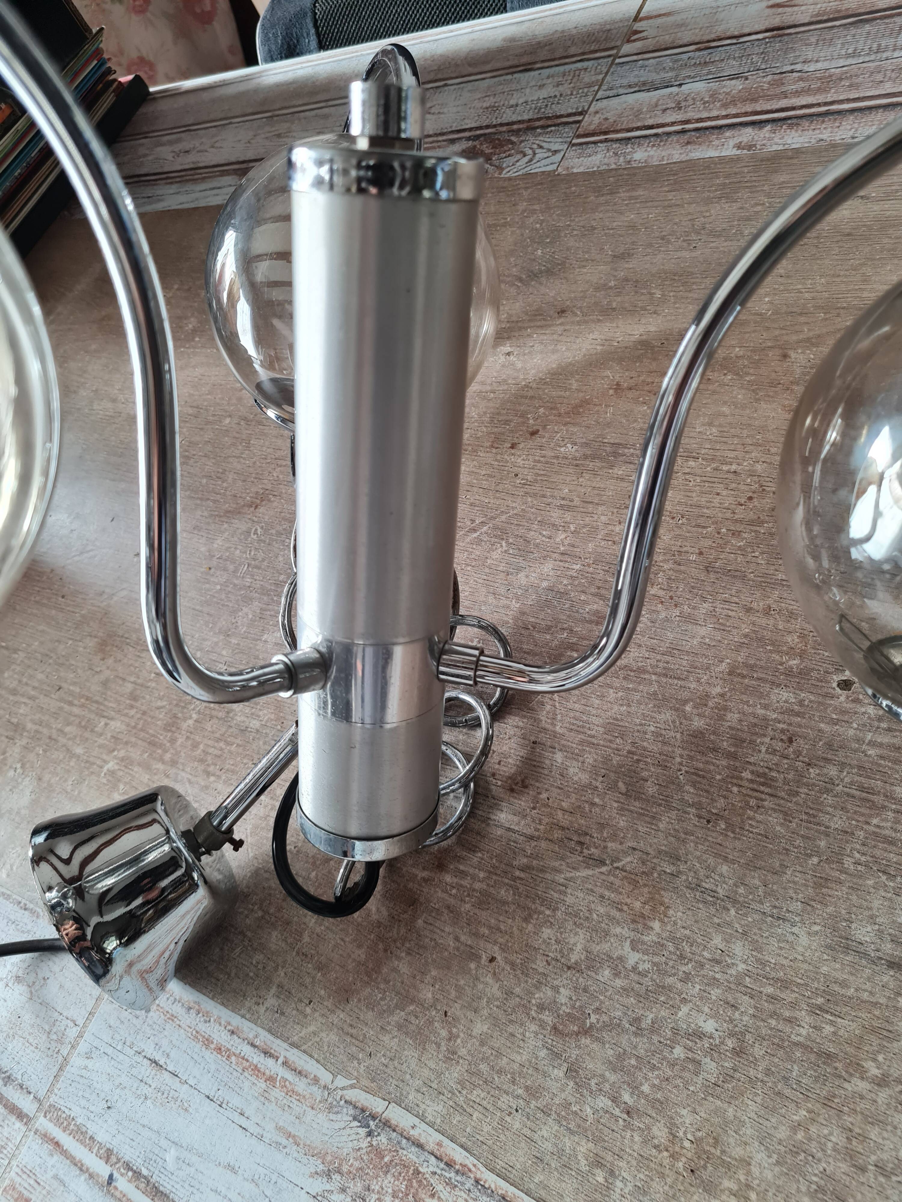 Chandelier with chrome metal frame from the 70s, 3 smoked globes