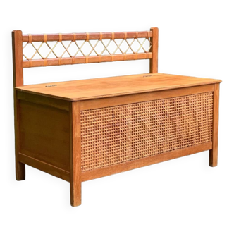 Vintage chest bench in wood and woven rattan 1960
