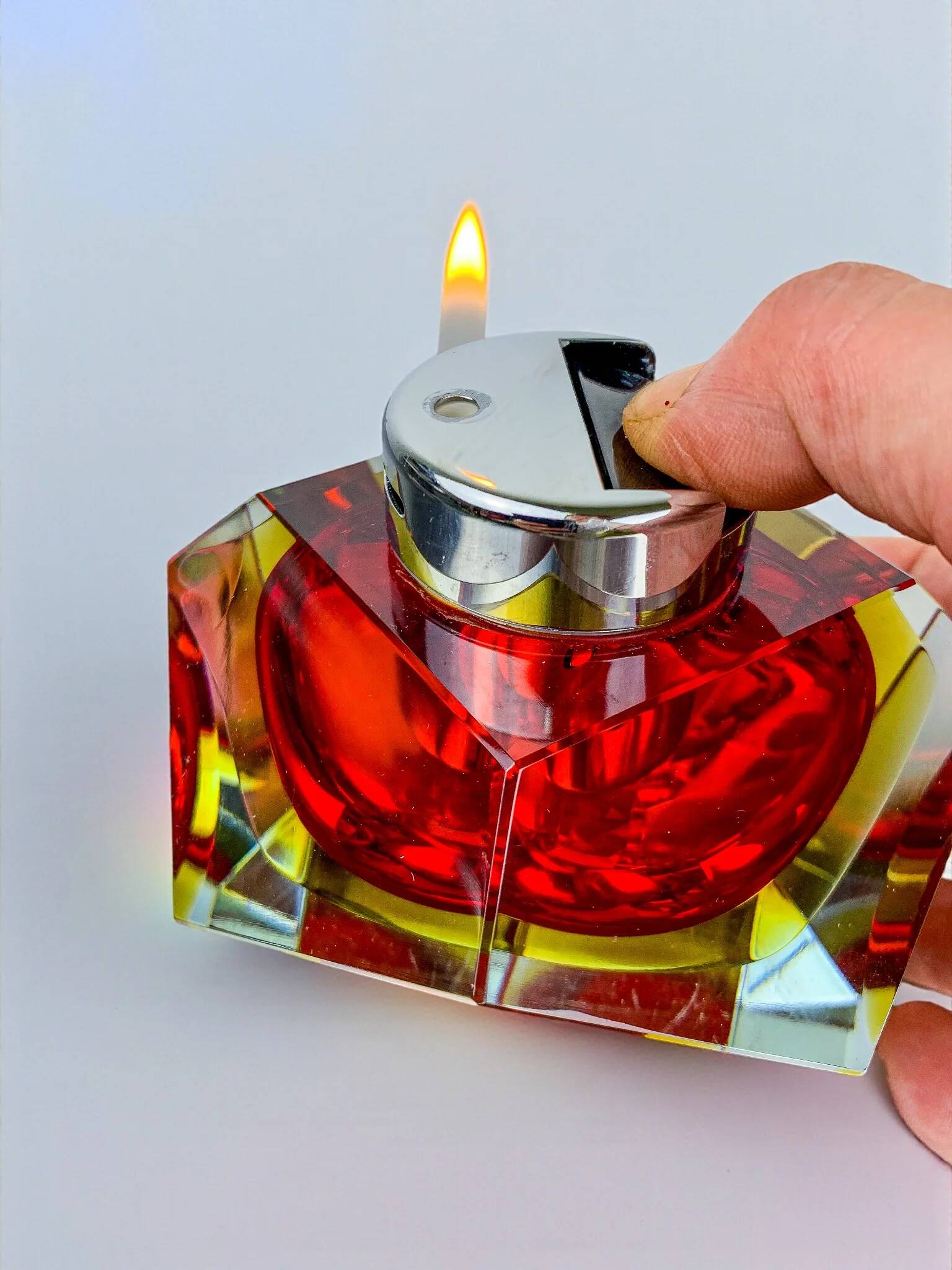 Italian Sommerso faceted lighter by Flavio Poli, red & yellow Murano glass, 1970s