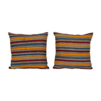 Set of Two Striped Organic Wool Outdoor Turkish Striped Pillow Covers, Pair Anatolian Minimalist Old