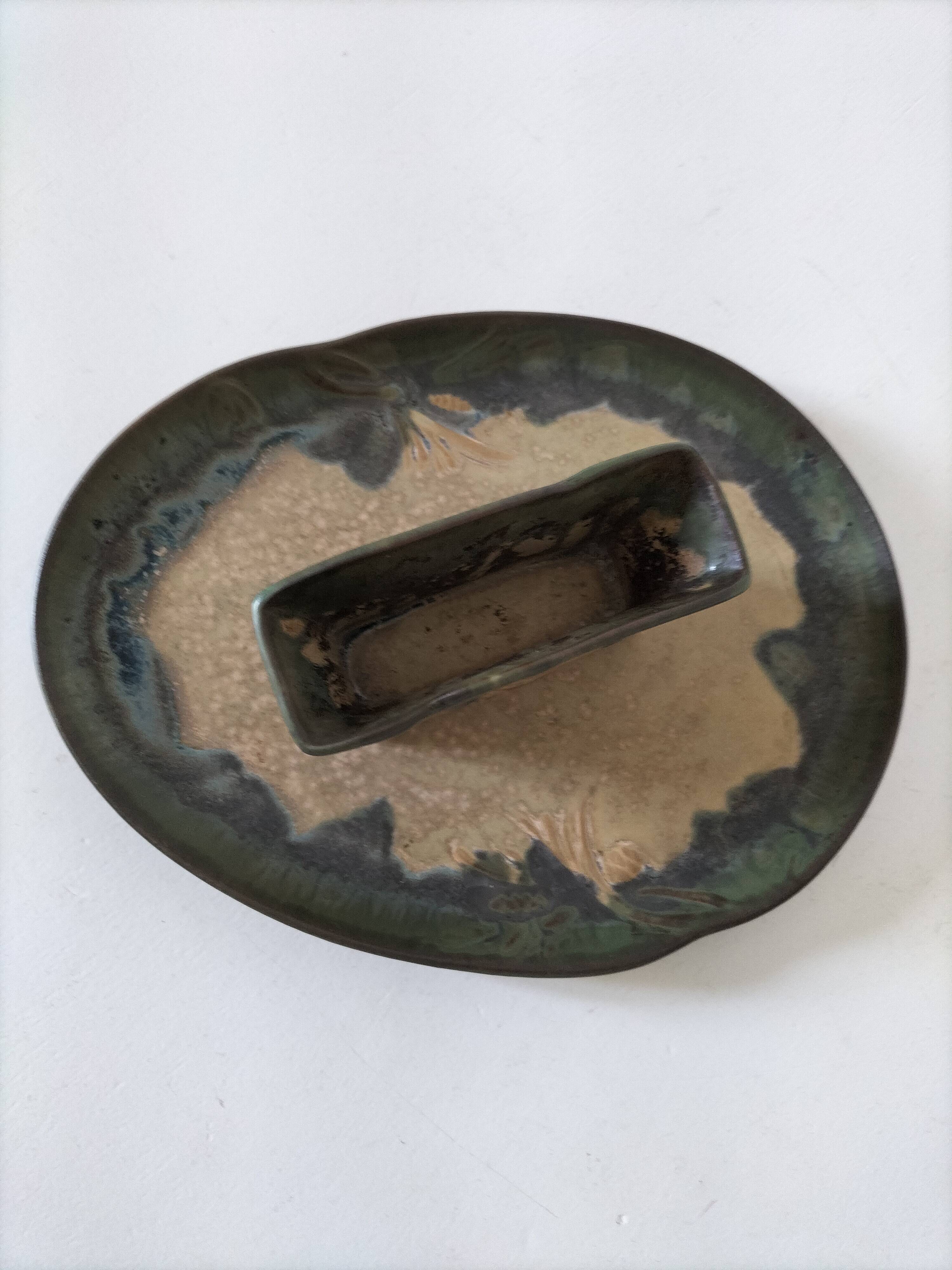 Pair of Denbac enamelled green and blue vide-poches.
