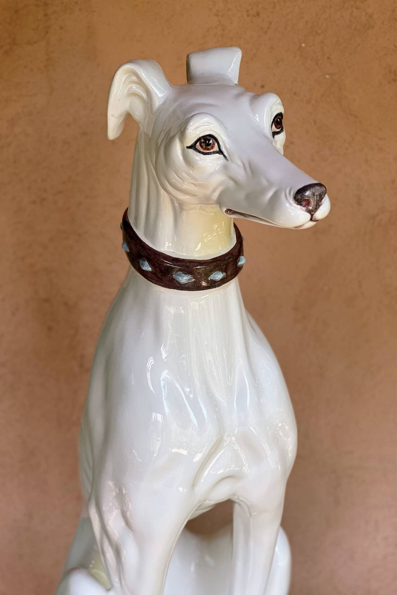 Large white glazed ceramic greyhound – signed – 92 cm