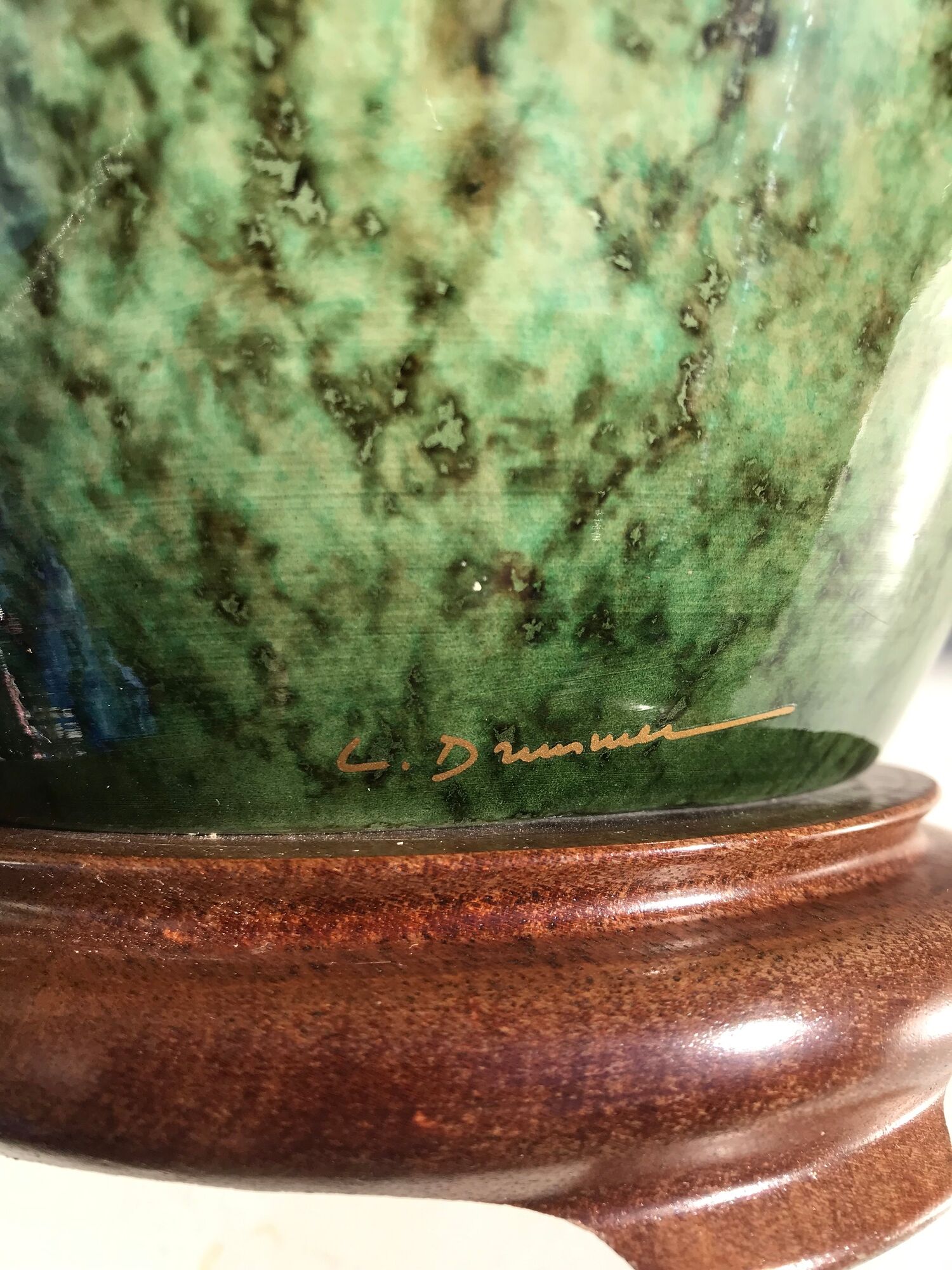 Ancient painted pottery Drimmer + wood + shade vintage pedestal vase lamp