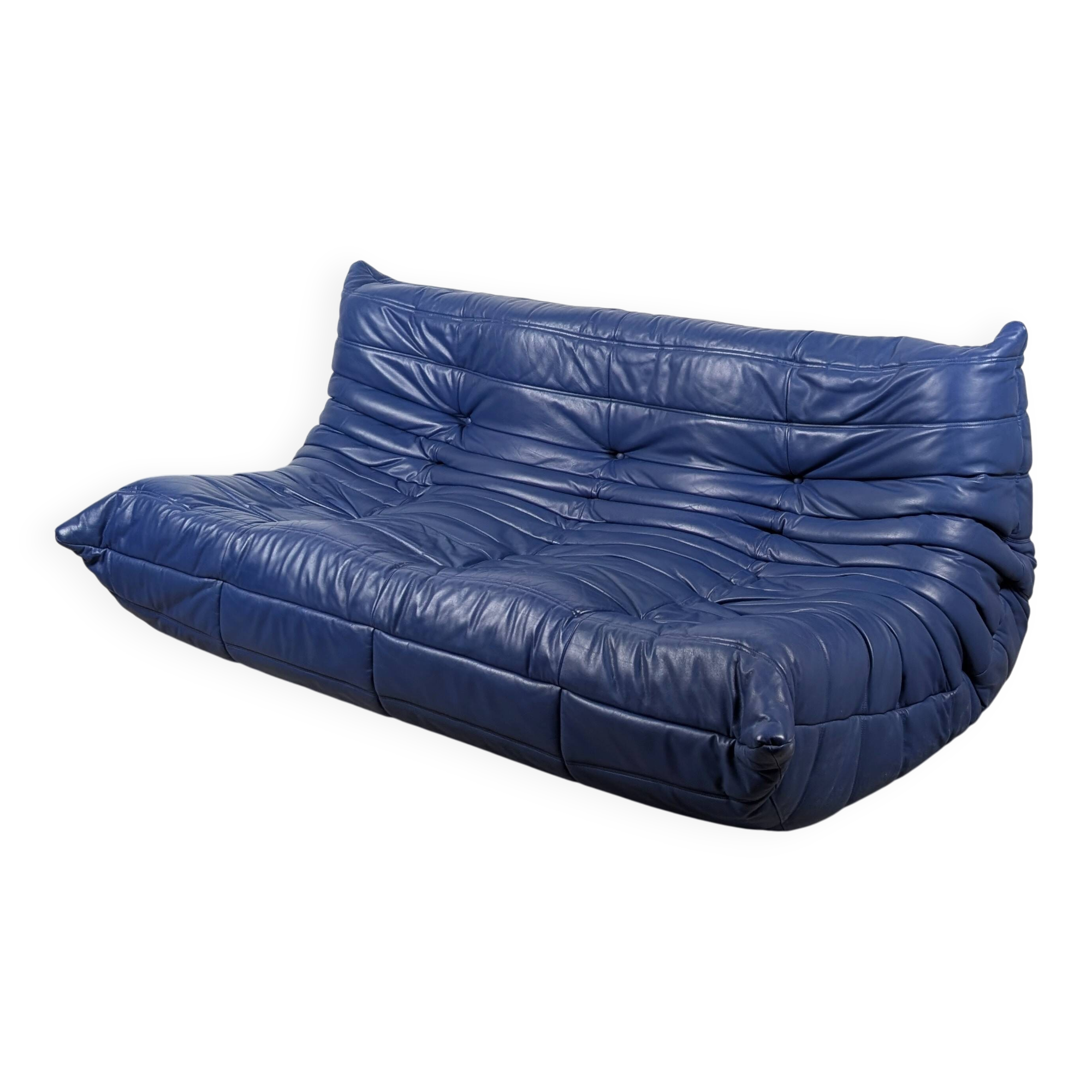 Canapé 3 places Michel Ducaroy Togo en cuir bleu Ligne Roset France années 1980