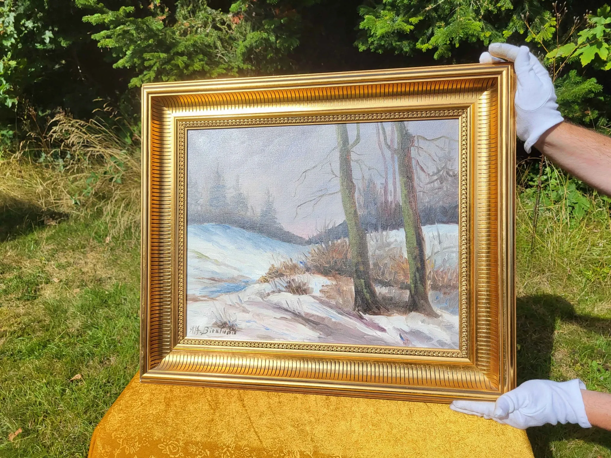 Vintage Winter Landscape with Birch Trees Oil Painting