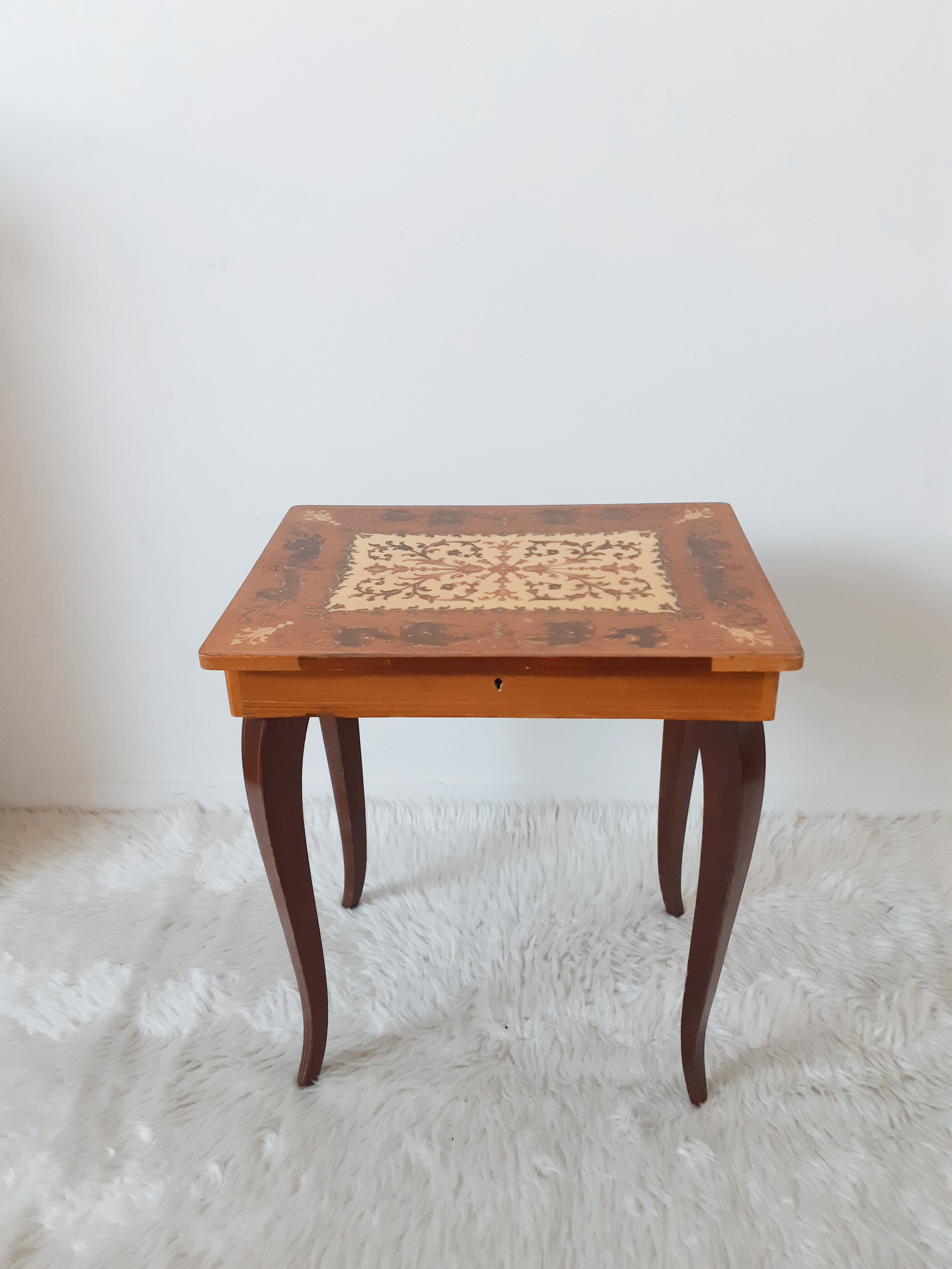 Stella chime, music box table, jewelry box, wood marquetry, side table, bedside table