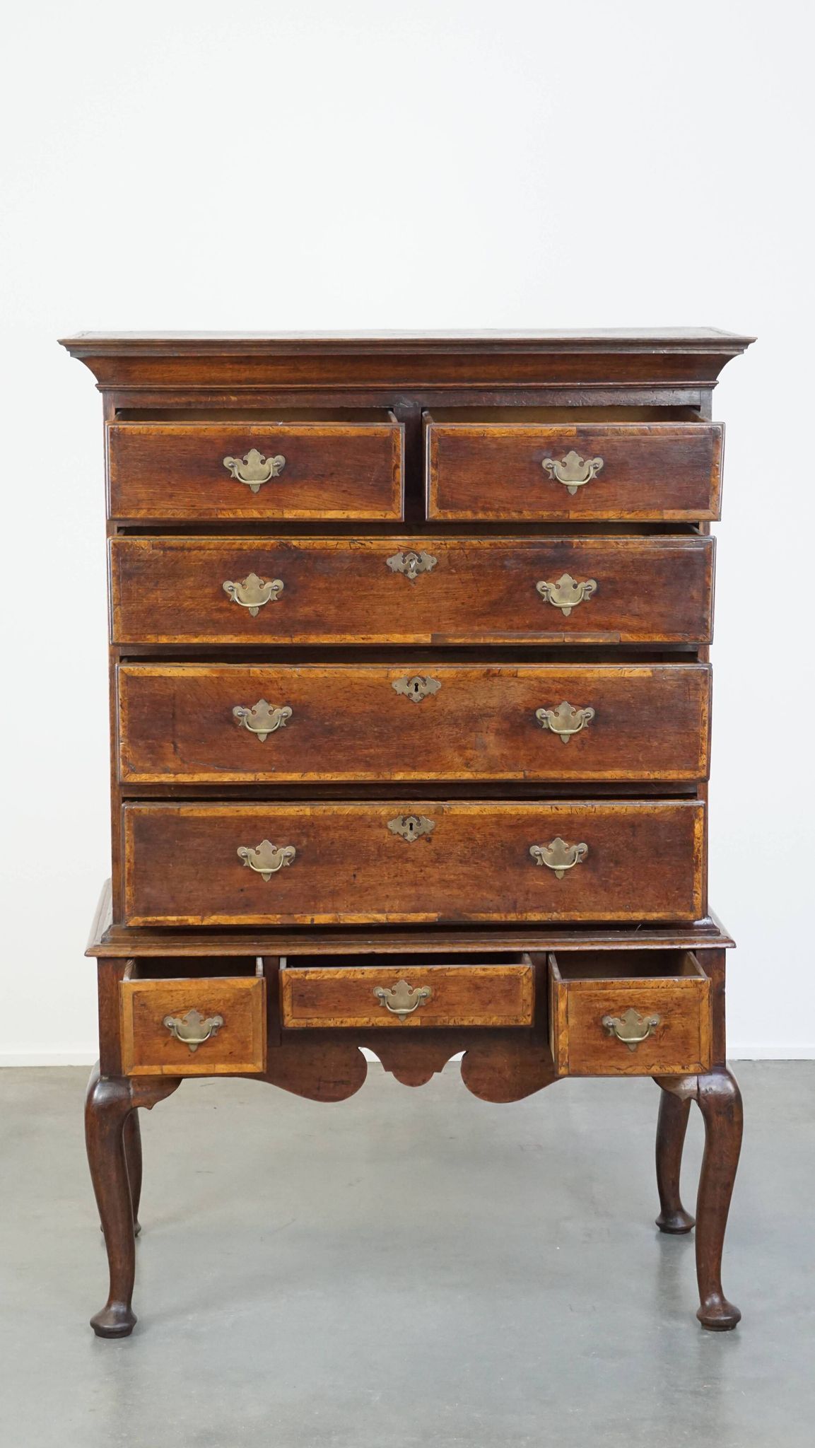 Early 18th century English oak chest on stand/ highboy