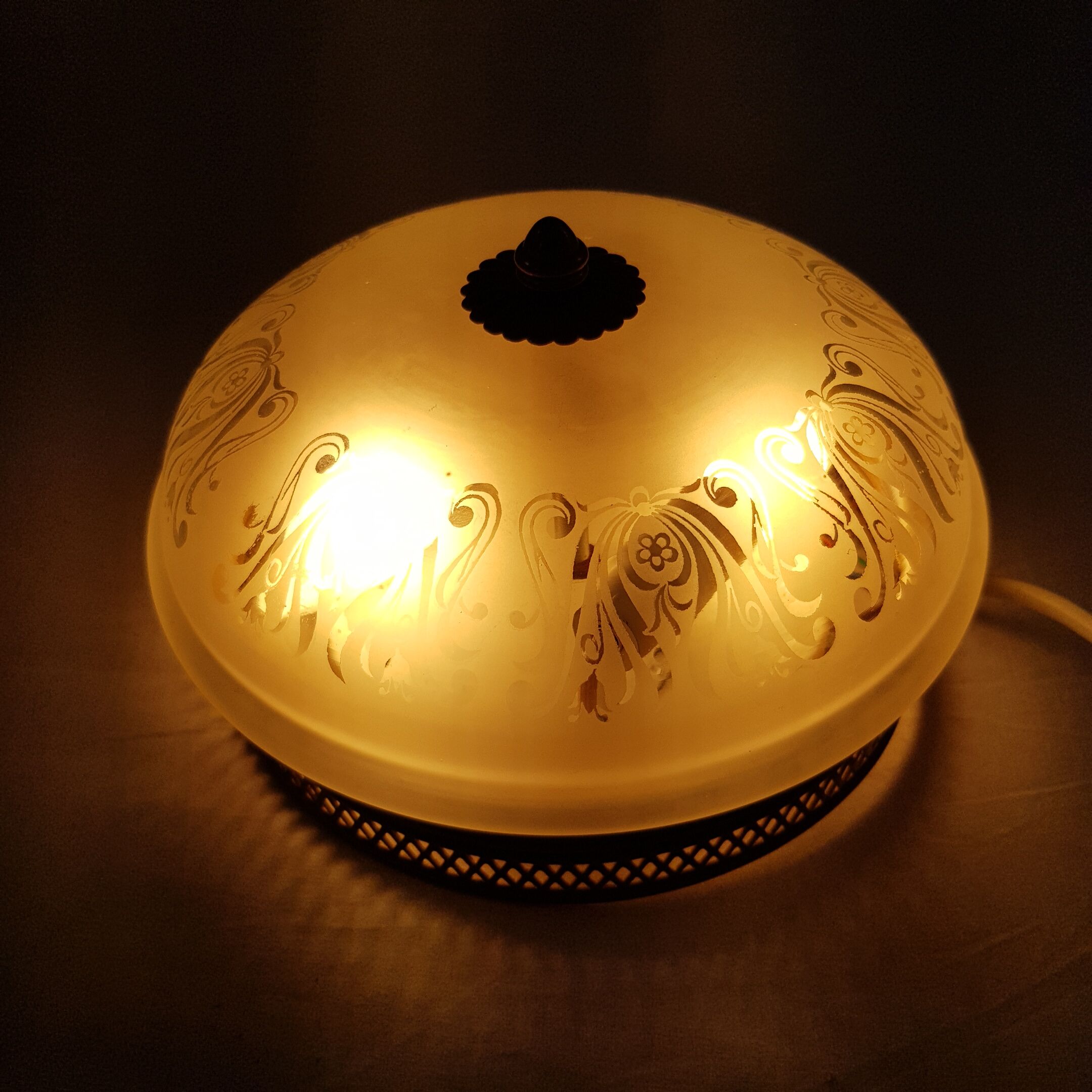 Glass globe ceiling lamp frosted pattern and brass opened frame