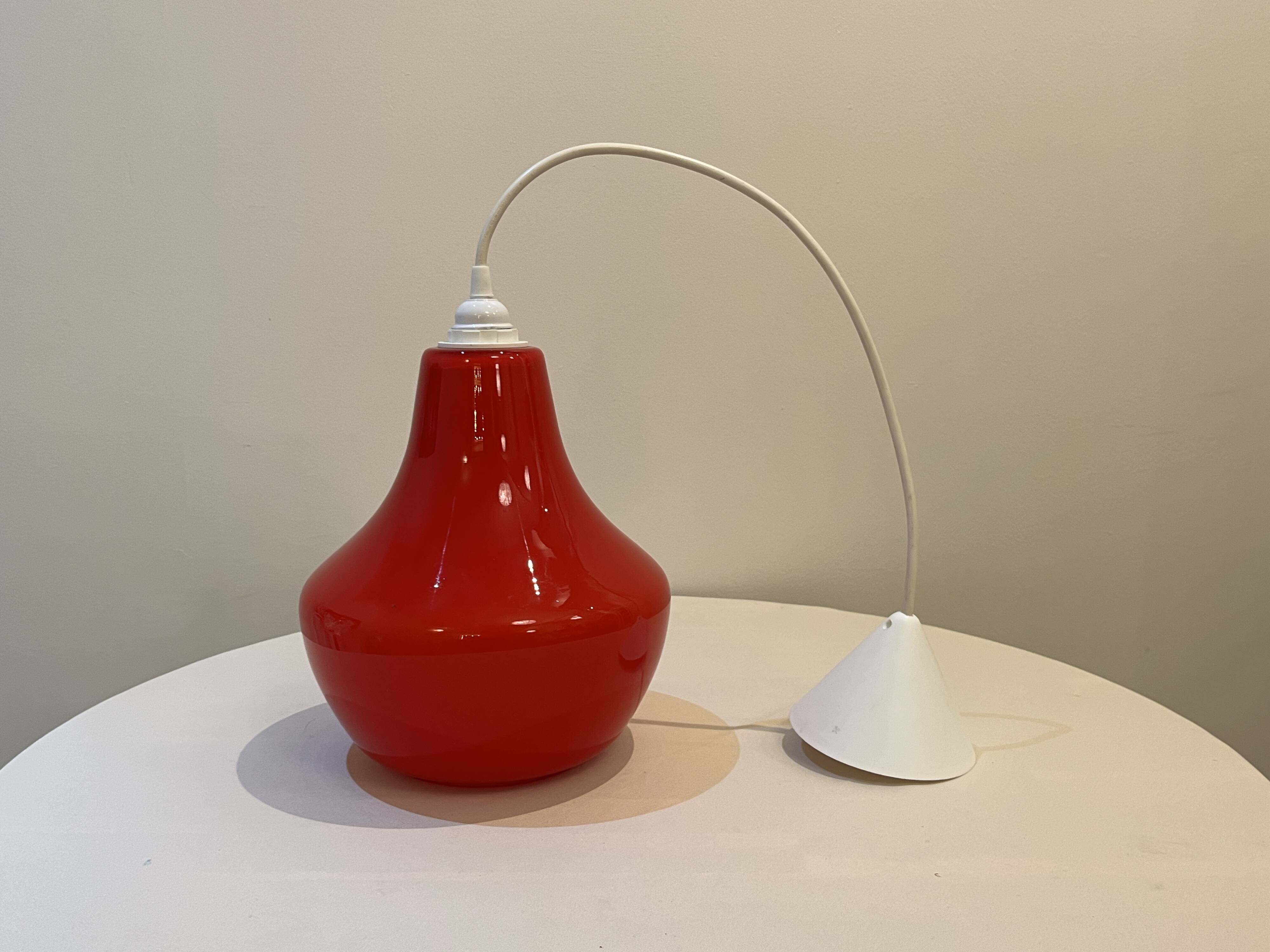Red Opaline Glass Pendant Light 1970 Space Age Ceiling Lamp Free Form Orange
