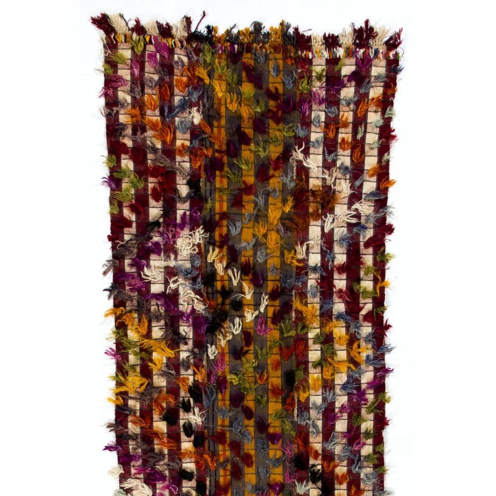 Vintage Handwoven Turkish Kilim Runner Rug with Colorful Pom Poms