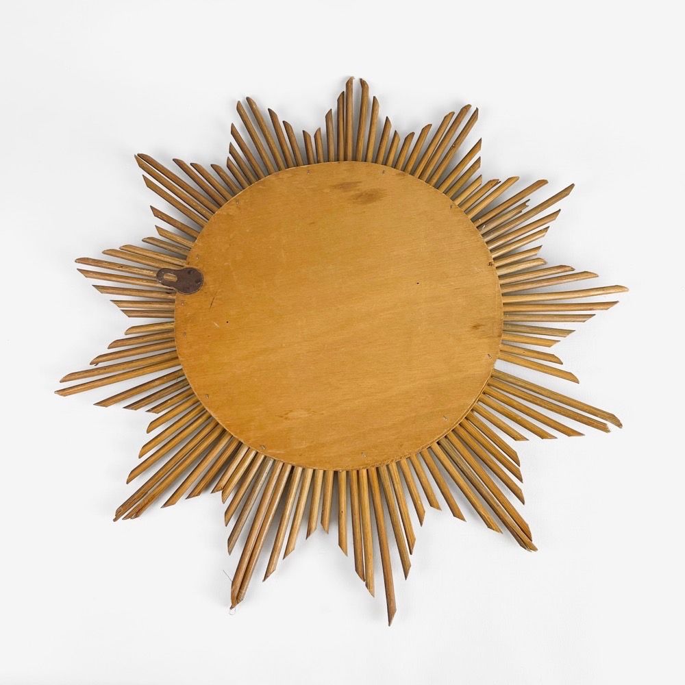 Sun mirror with starry frame wood and wicker 70s