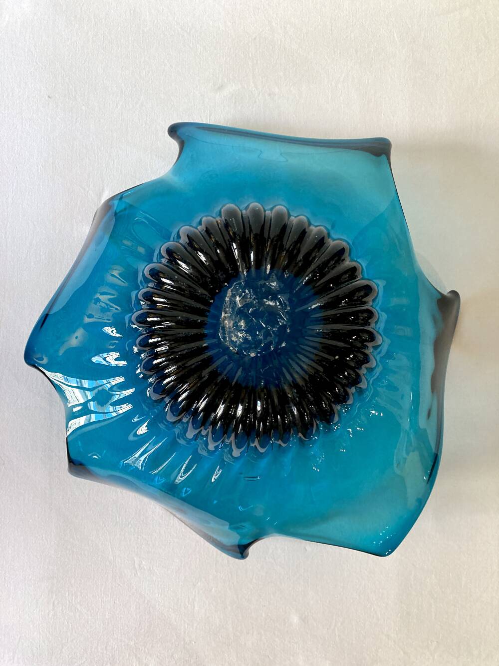 Large blue blown glass fruit bowl