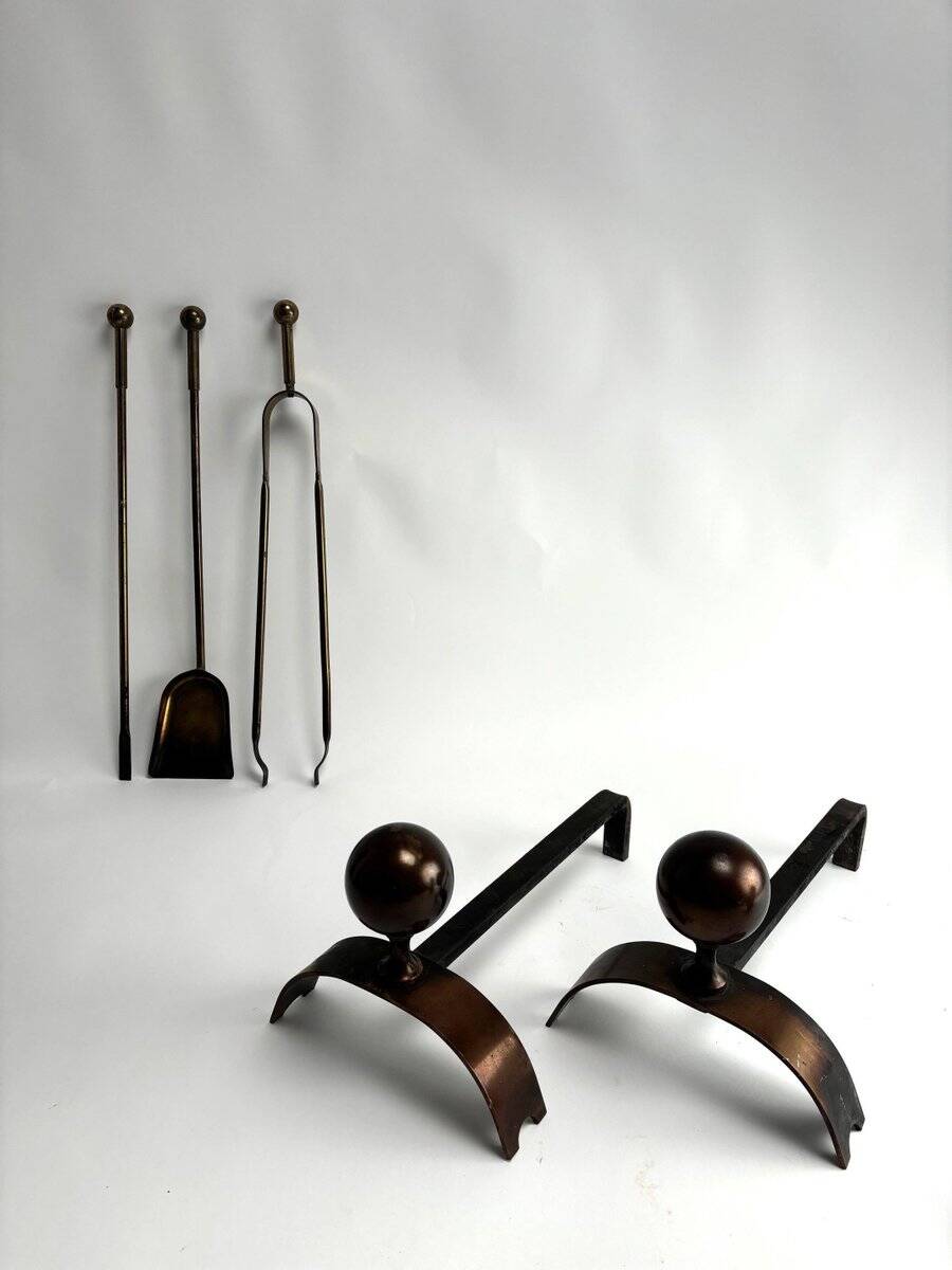 Paire de chenets en laiton et métal, Italie, années 1950