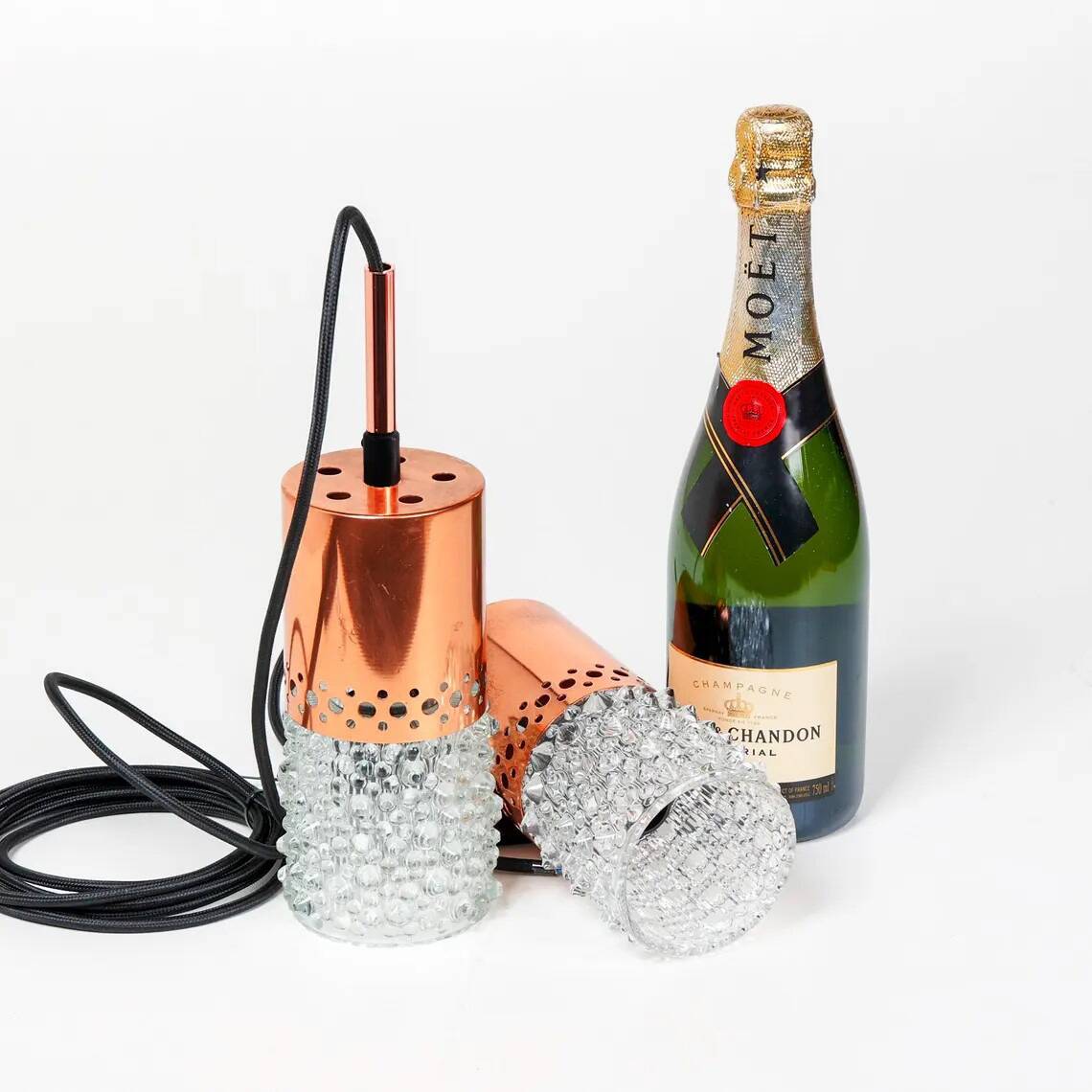 Set of 3 copper and bubble glass pendant lights by VEB NARVA Leuchten, ann