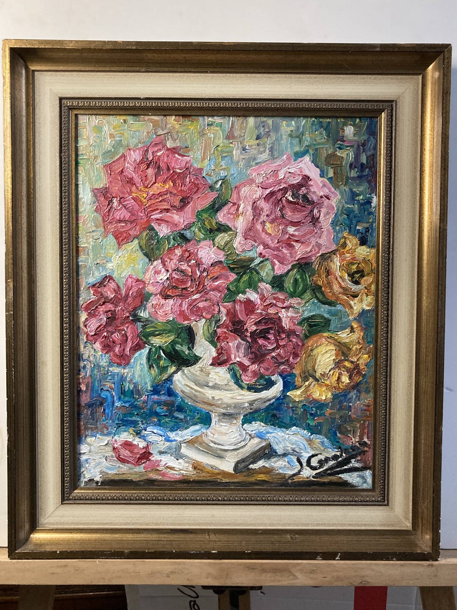 Oil on canvas still life with roses signed 20th century.