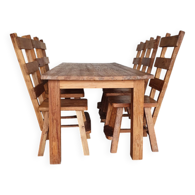 Ensemble de salle à manger brutaliste Wabi Sabi en bois Olm / 6 chaises / table