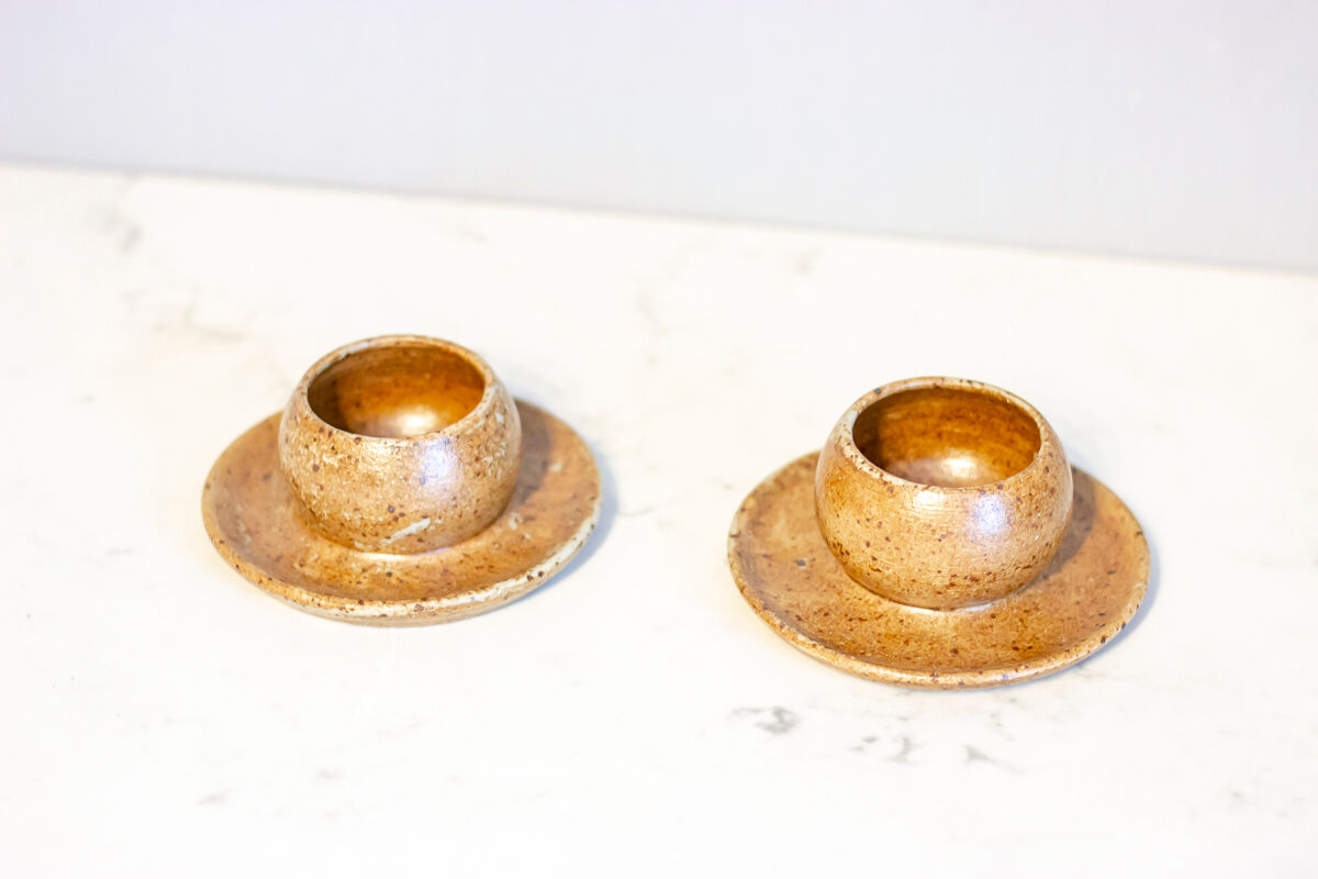 2 stoneware shells, unidentified signature