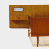 Vintage mid century double bed in teak + floating nightstands & lighting