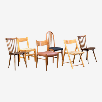Series of 6 mismatched vintage chairs