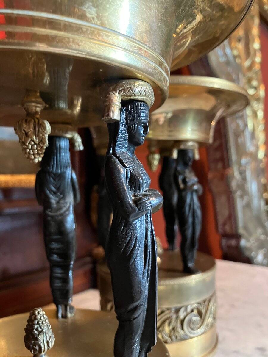 Italian Empire Bronze and Brass Tazzas with Sphinxes, 1800s, Set of 2