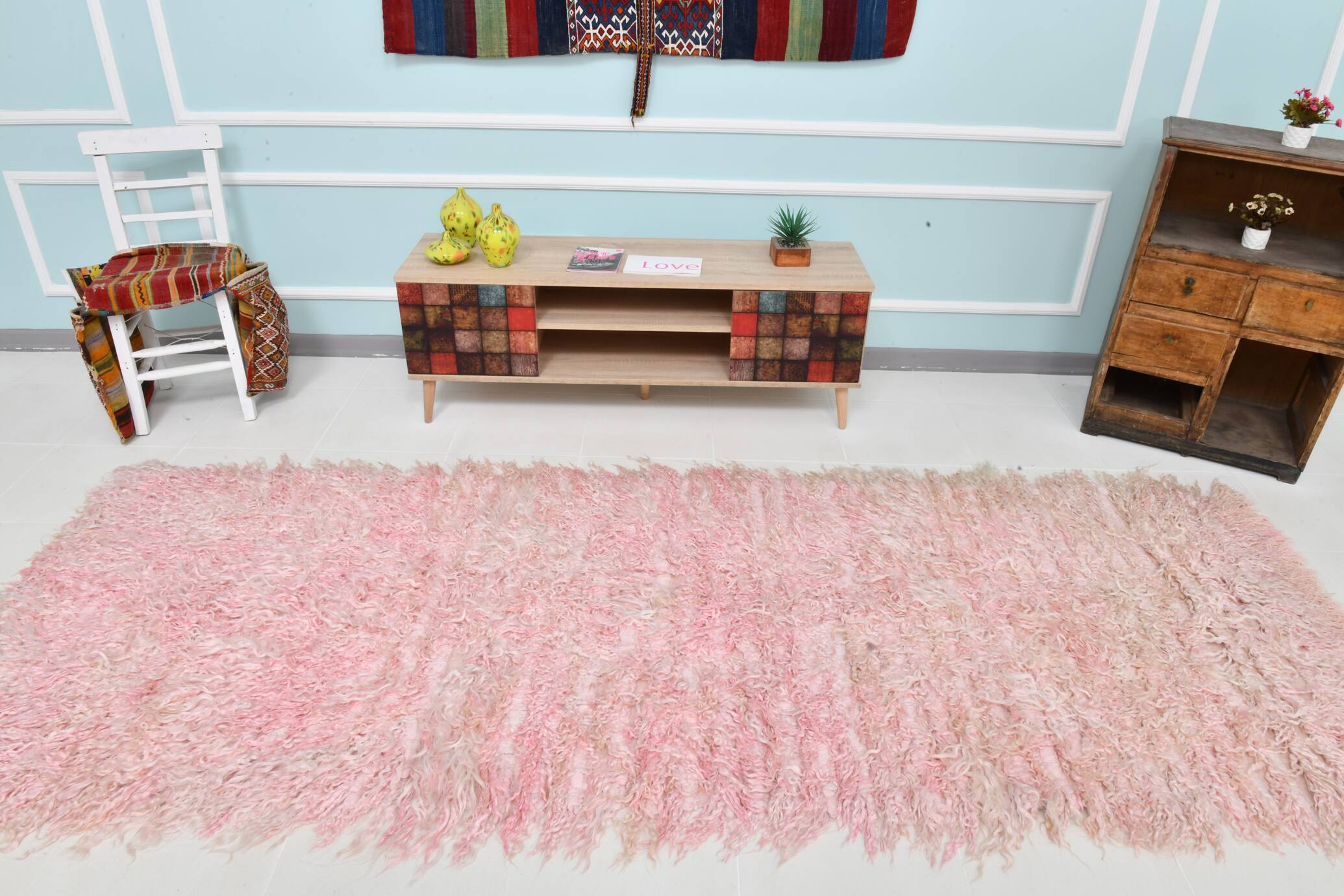 Tapis de couloir turc vintage rose pastel doux 3x10, 110x313 cm SK 70357