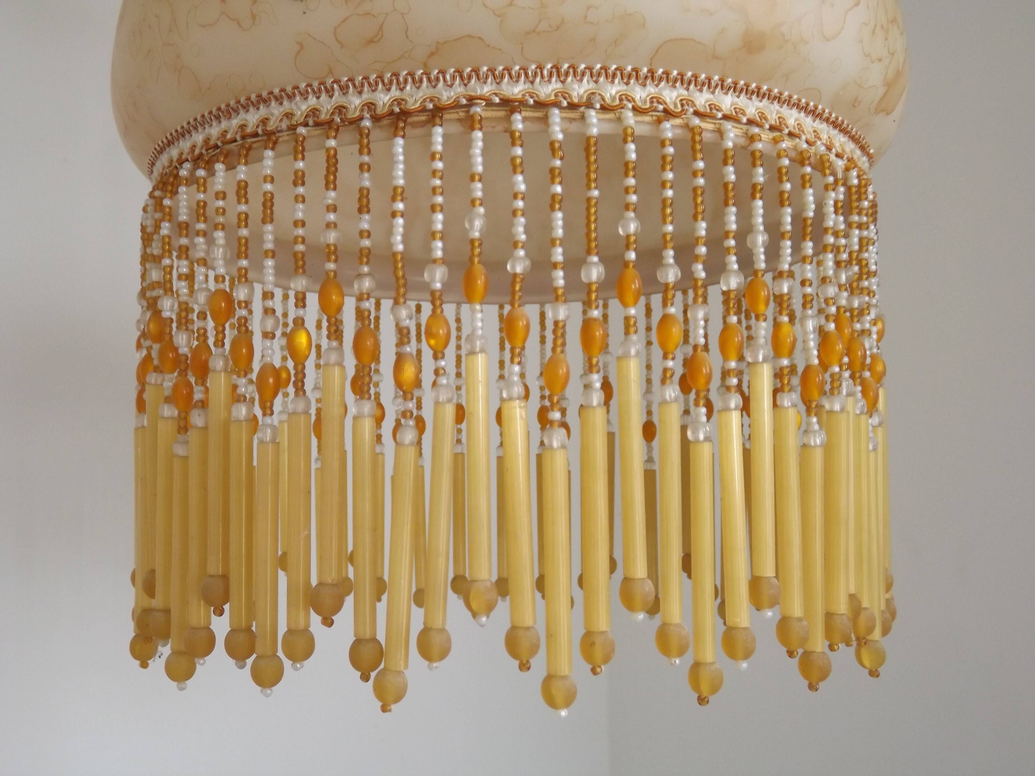 Mid Century Amber Mottled Glass Ceiling Light with Beaded Glass Fringe