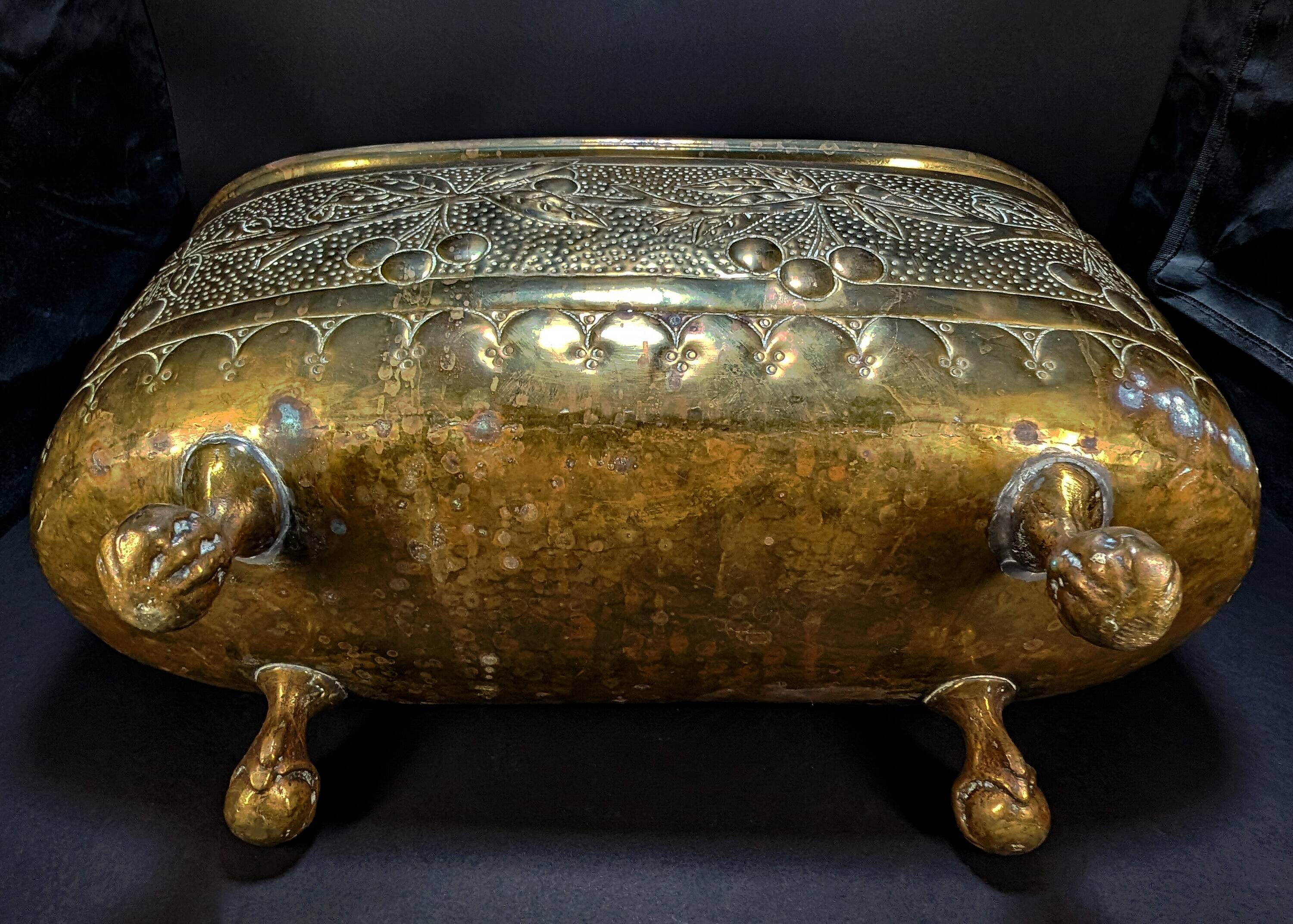 Antique Brass Jardinière – Repoussé Cherry & Leaf Décor – c.1900
