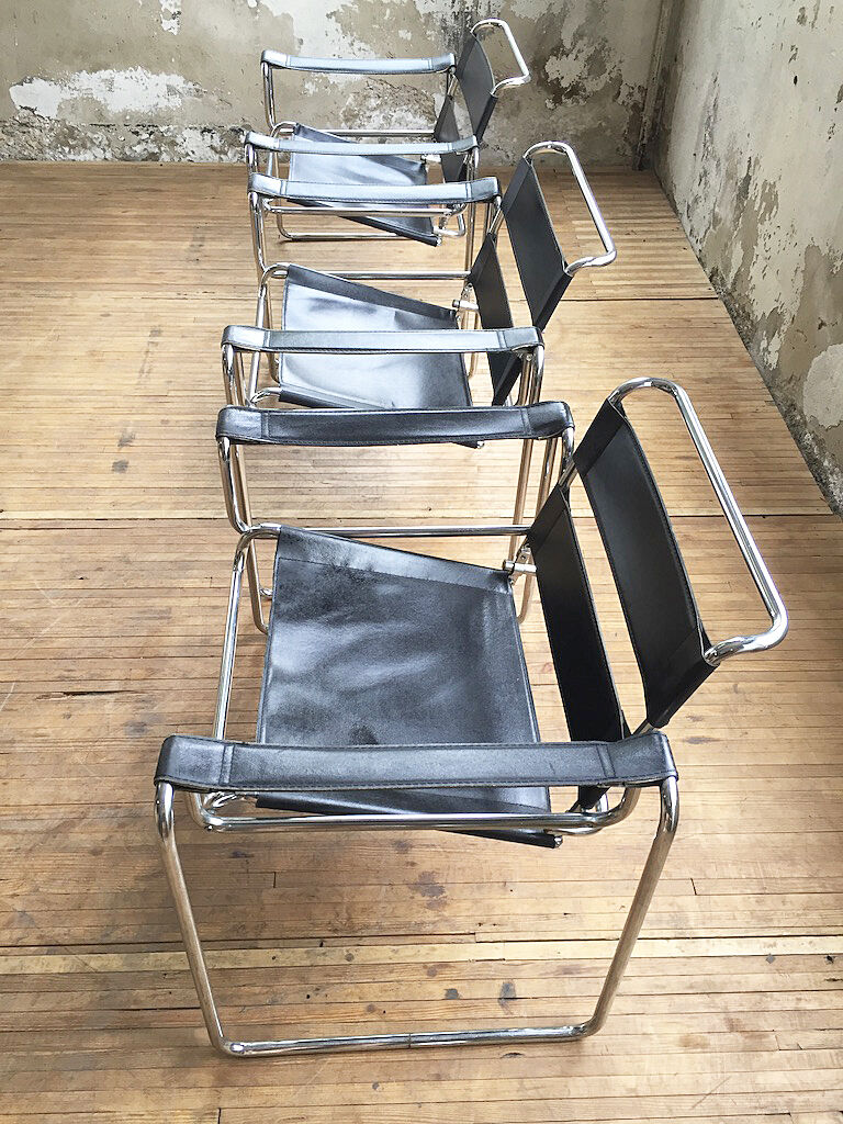 Bauhaus modernist leather chrome armchairs