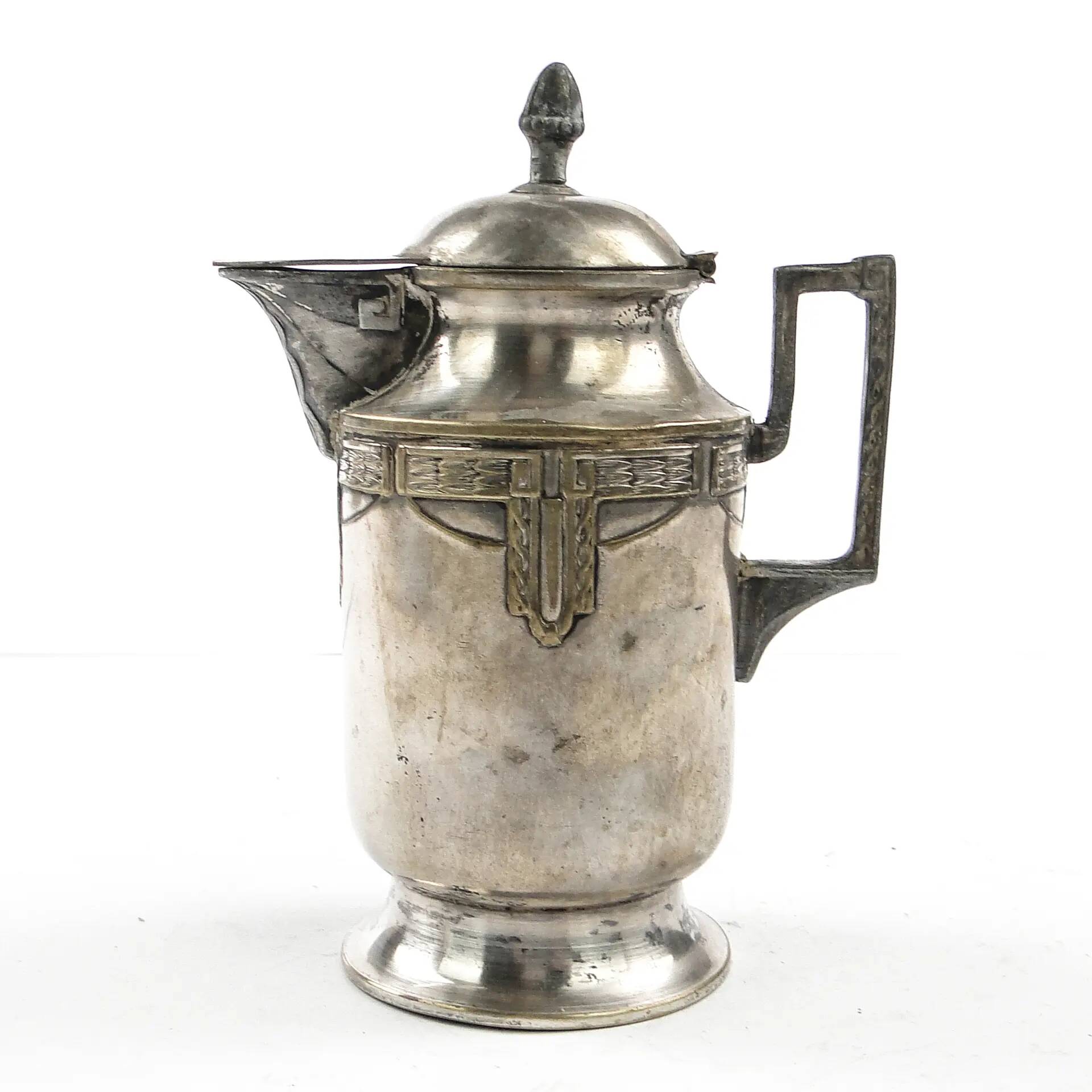 Art Nouveau oil jug, silver-plated brass, pewter, Germany, early 20th century