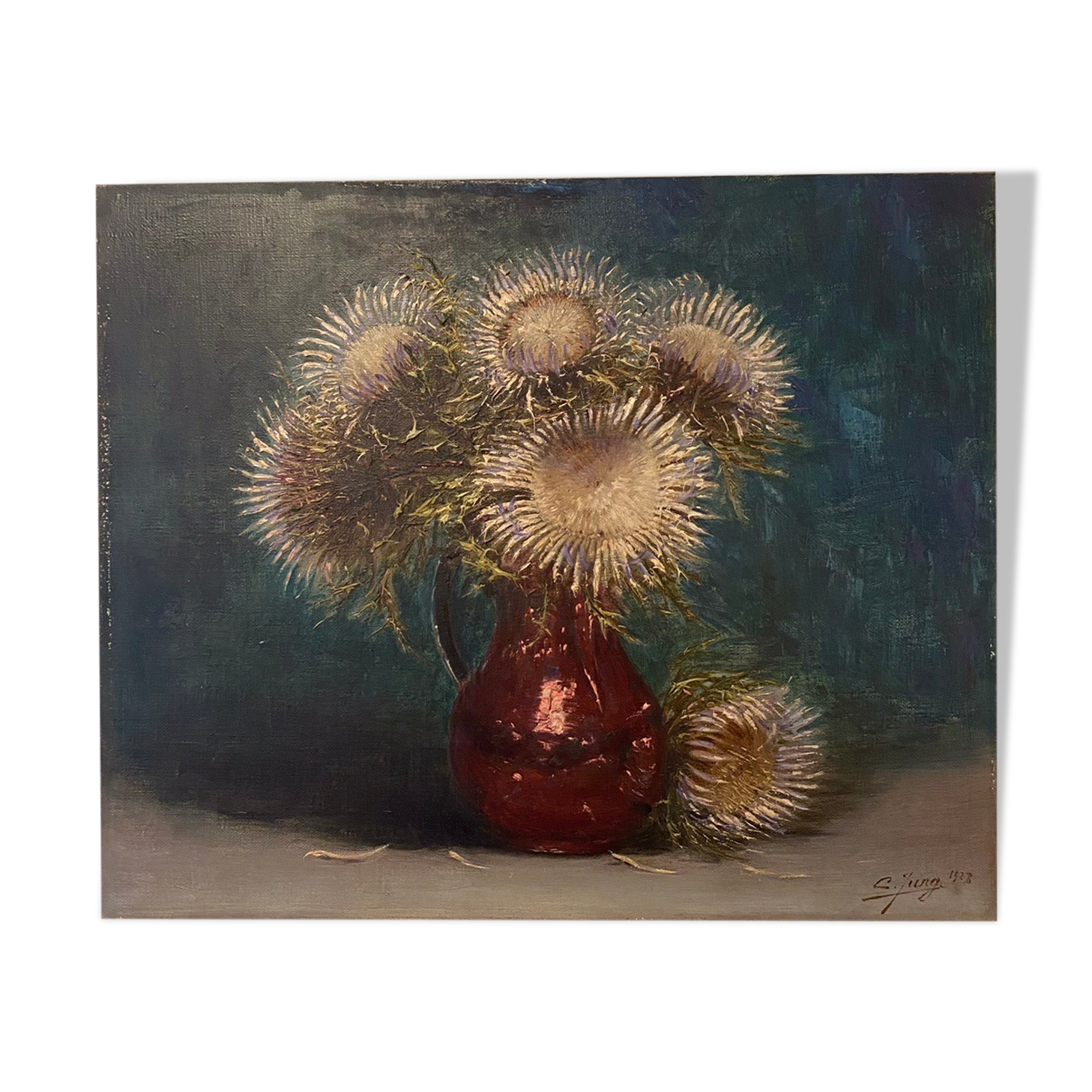 Old painting, still life with thistles signed C.Jung, 1928