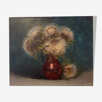 Old painting, still life with thistles signed C.Jung, 1928