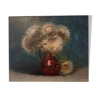 Old painting, still life with thistles signed C.Jung, 1928
