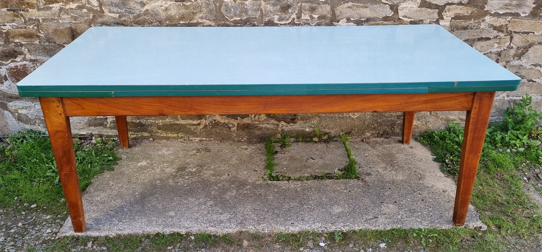 Green formica farmhouse table, vintage, 50s