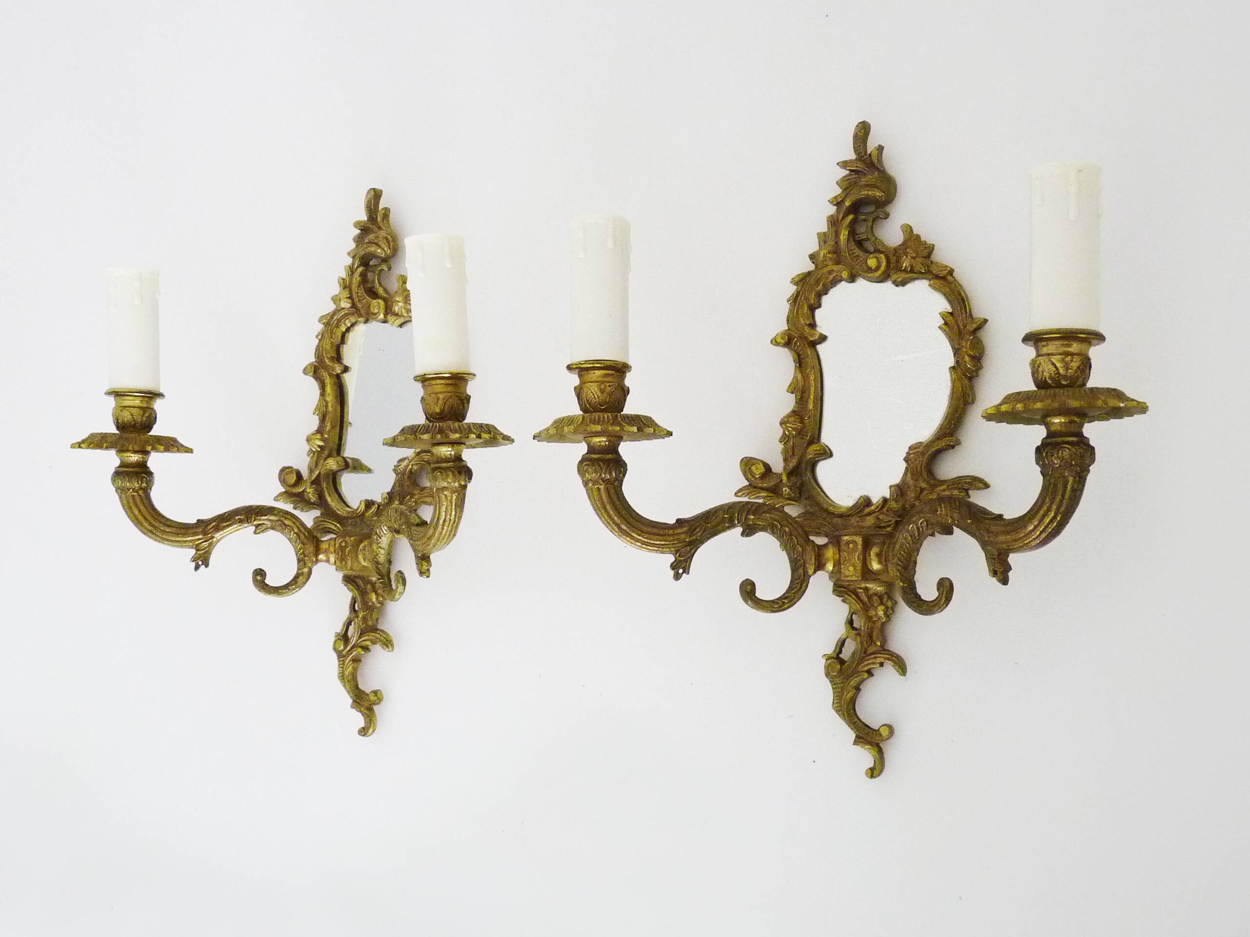 Pair of vintage bronze wall sconces with mirror and 2 candles. 1960s