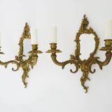 Pair of vintage bronze wall sconces with mirror and 2 candles. 1960s