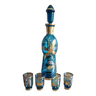 Service carafe + 4 verres style bohème bleu et Or