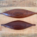 Set Of Two Vintage Teak Canoe Trays, African Hand Carved Hardwood Dishes