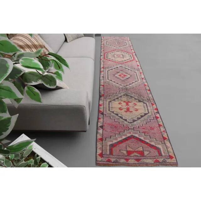 1970s Turkish hand-knotted wool cotton pink runner rug 94x335
