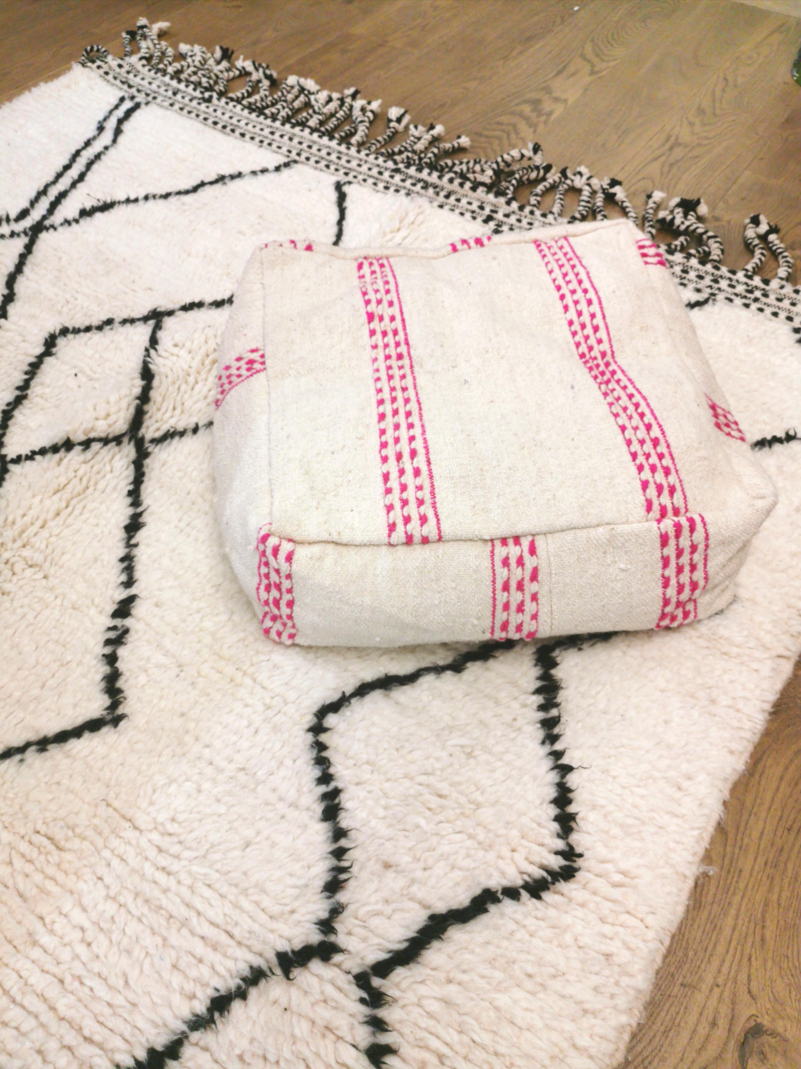 Berber kilim ottoman cover with fuchsia pink stripes