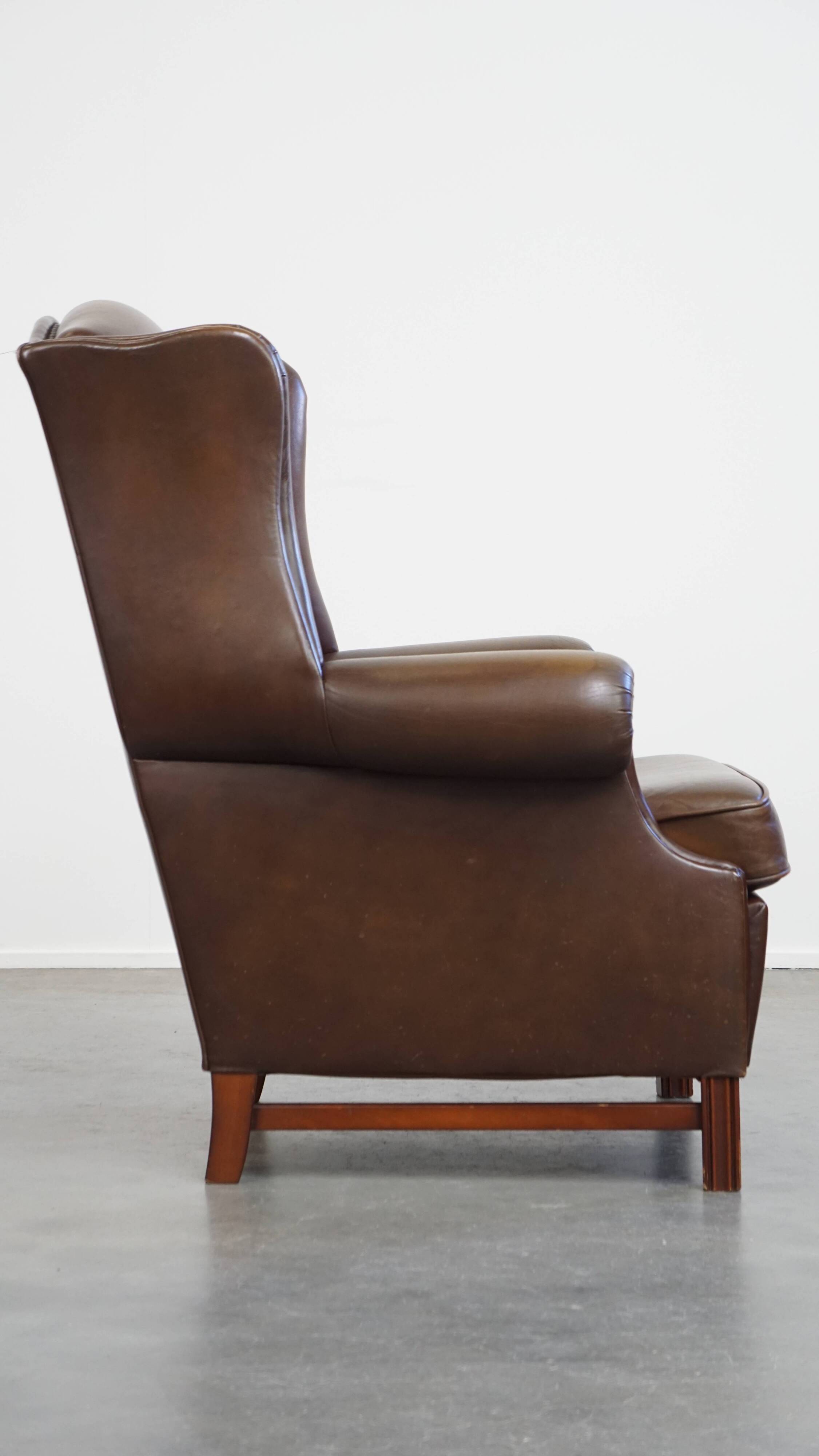 Large Dark Brown Cowhide Leather Wingback Chair