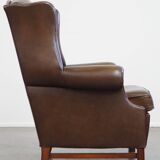 Large Dark Brown Cowhide Leather Wingback Chair