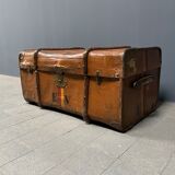 Antique brown travel case with wooden slides from the early 1900s