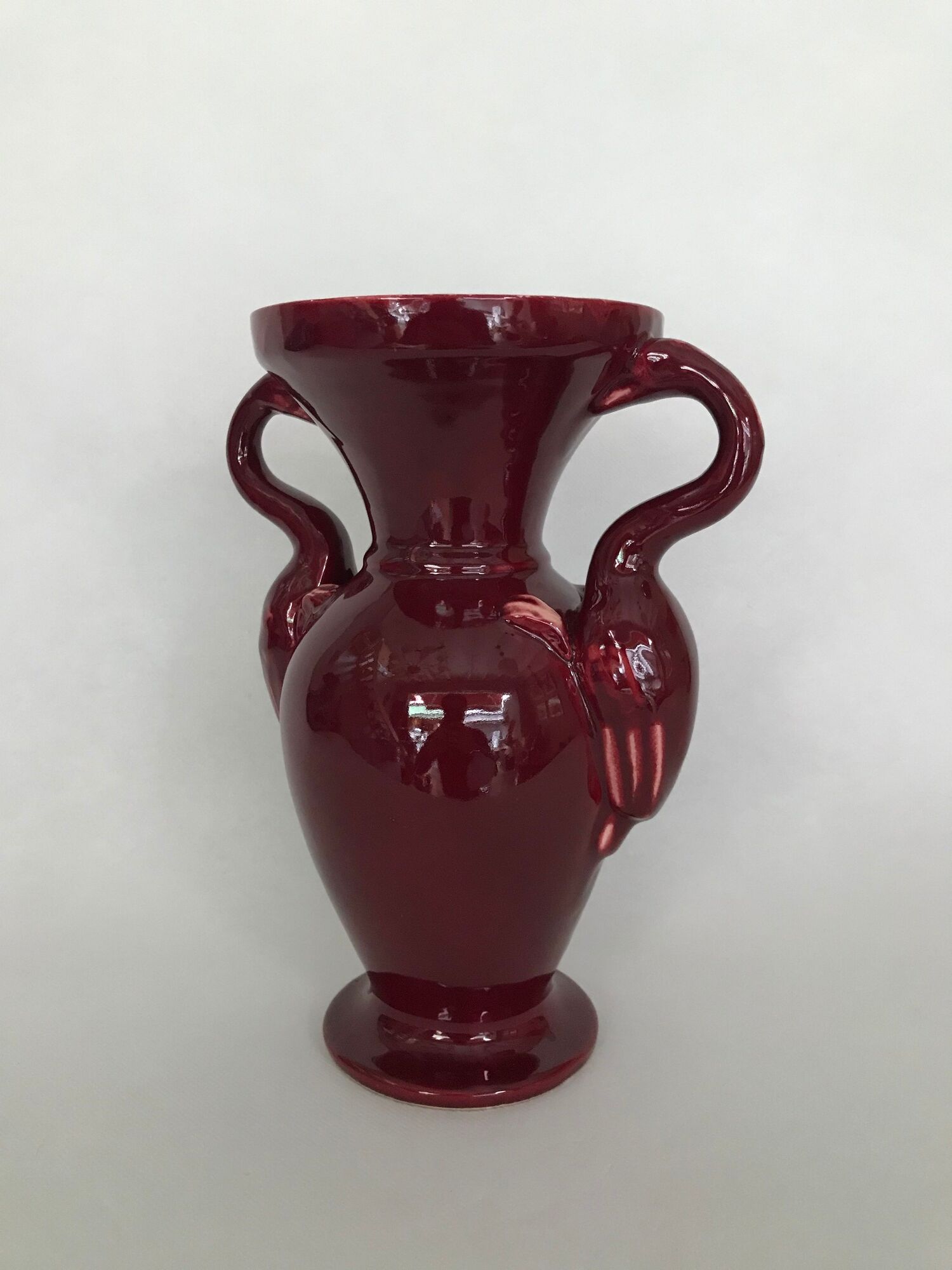 Red baluster vase with pink flamingo handles, signed Ray Camart, Antibes, circa 1960