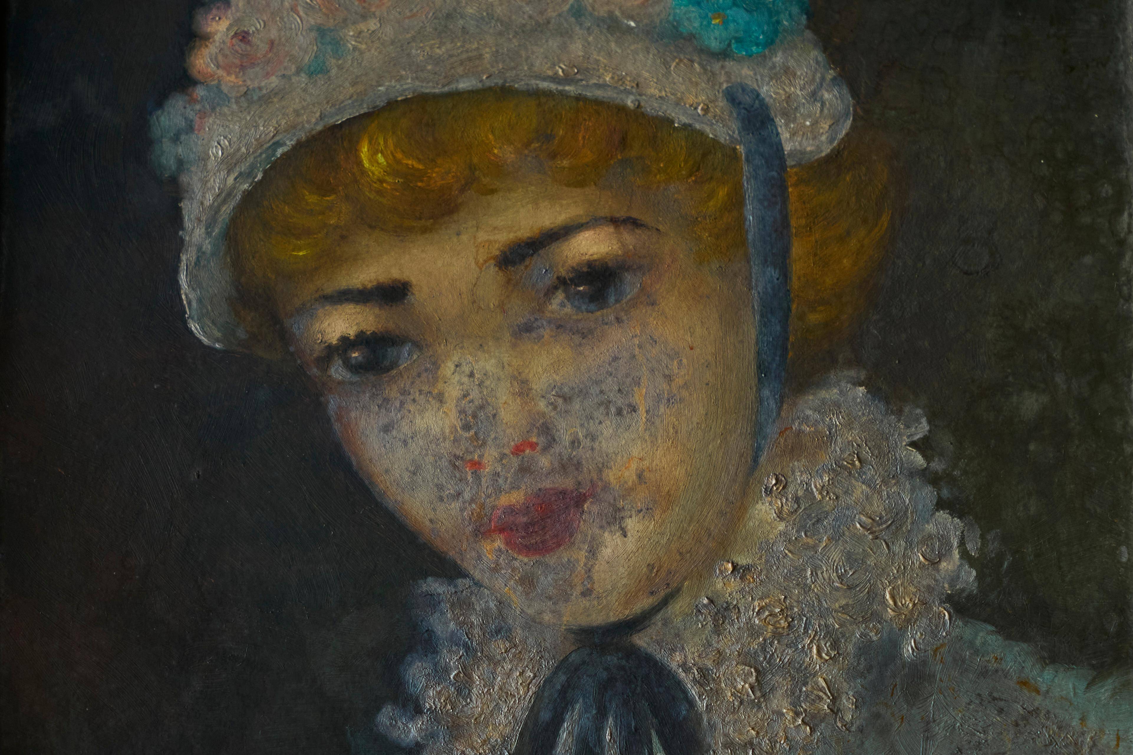 Oil portrait of a woman with a floral bonnet, Belgium, 1920s.