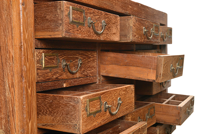 Old teak storage cabinet with 21 drawers