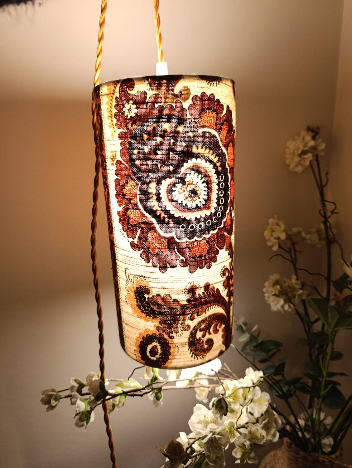 Vintage portable lamp with authentic seventies floral linen fabric.