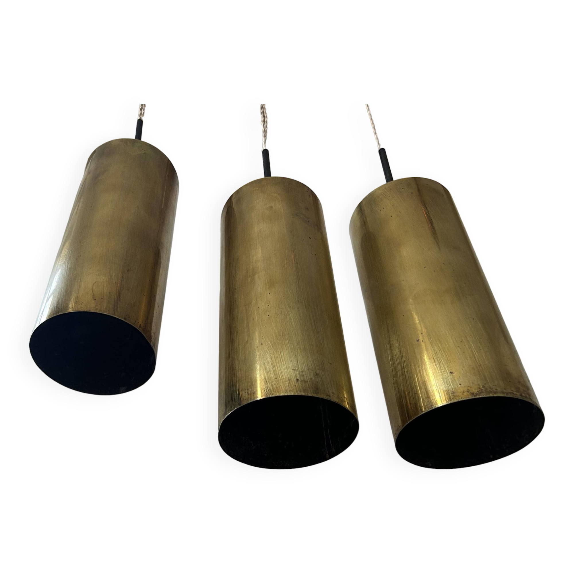 Set of 3 vintage pendant lights in solid brass, France 1960s
