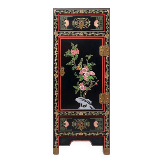 Carved Inlaid Flower Blossoms Prosperous Single Door Cabinet Natural Lacquer Painted Gold Lacquer In